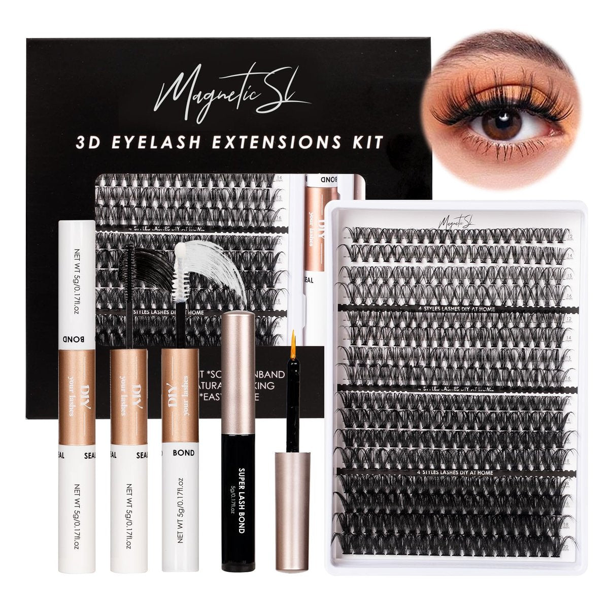 320-teiliges Wimpern-Cluster-Set 30D 40D 80D 100D Individuelle Wimpern 12-20mm mit Wimpernkleber und -versiegelung, Entferner und Pinzette – Einfache Anwendung