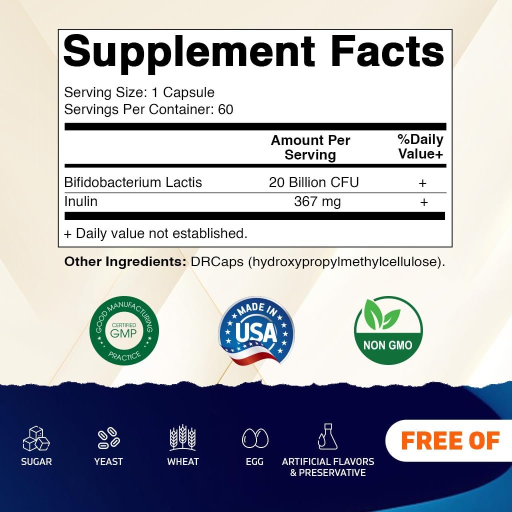 Vitamatic Bifidobacterium lactis – 20 Milliarden pro Kapsel – 60 Kapseln – Verdauungsunterstützung mit präbiotischem Inulin