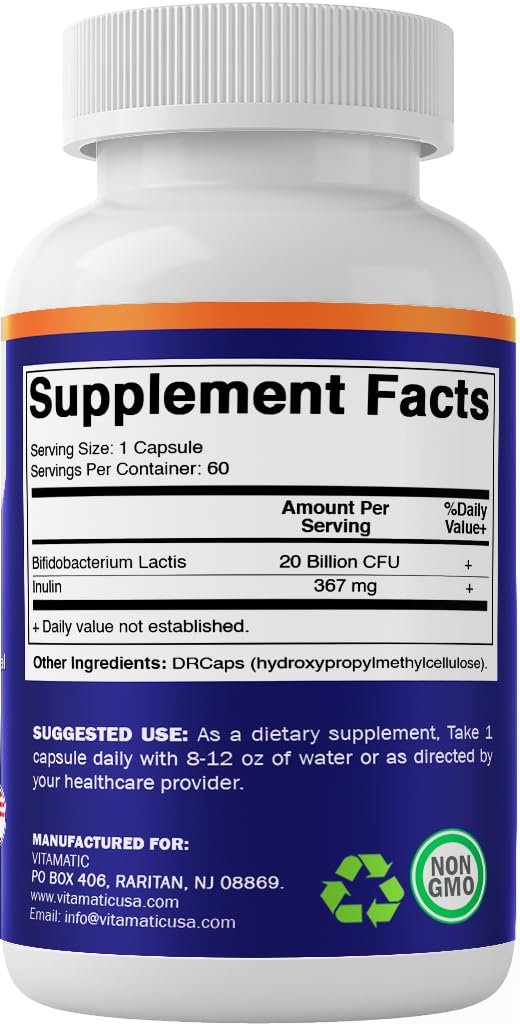 Vitamatic Bifidobacterium lactis – 20 Milliarden pro Kapsel – 60 Kapseln – Verdauungsunterstützung mit präbiotischem Inulin