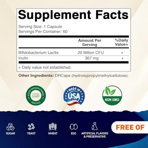 Vitamatic Bifidobacterium lactis – 20 Milliarden pro Kapsel – 60 Kapseln – Verdauungsunterstützung mit präbiotischem Inulin