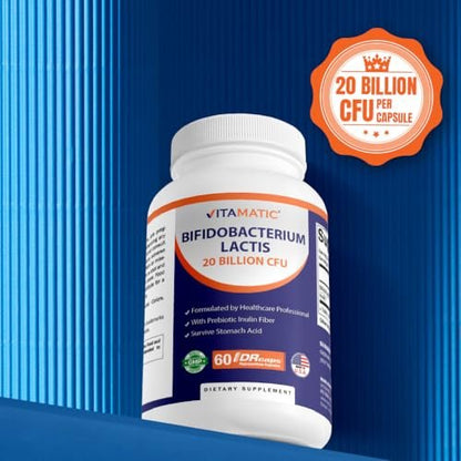 Vitamatic Bifidobacterium lactis – 20 Milliarden pro Kapsel – 60 Kapseln – Verdauungsunterstützung mit präbiotischem Inulin