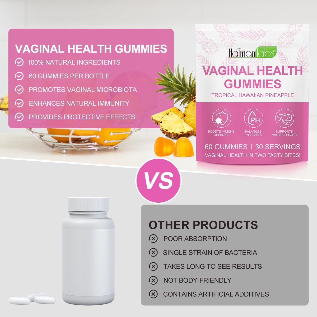 MXCZBSM Vaginale Probiotika Gummibärchen für Frauen – pH-Balance & Immunsystem, hawaiianischer Ananasgeschmack, 60 Stück