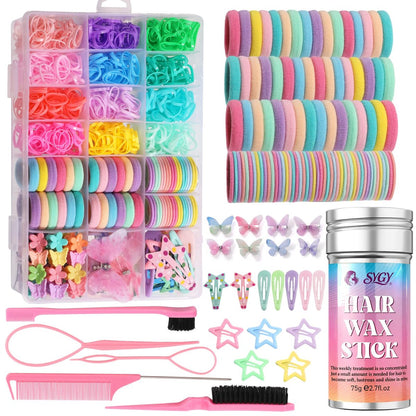 Haaraccessoires für Mädchen, 1350-teilige bunte Haargummis mit 44 Haarklammern, Glitzer-Schmetterlings-Haarspangen, Haarwachsstift, Schmetterlings-Haarclips, Haarreifen mit Kamm-Set & Aufbewahrungsbox, ideales Geschenk