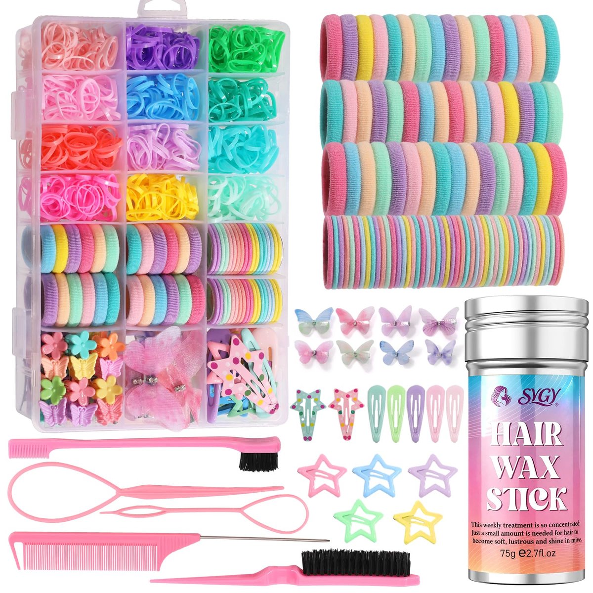 Haaraccessoires für Mädchen, 1350-teilige bunte Haargummis mit 44 Haarklammern, Glitzer-Schmetterlings-Haarspangen, Haarwachsstift, Schmetterlings-Haarclips, Haarreifen mit Kamm-Set & Aufbewahrungsbox, ideales Geschenk
