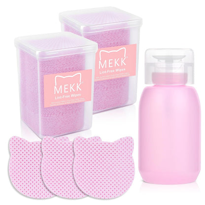 MEKK Fusselfreie Nageltücher mit Aceton-Spender Set 400 Stück Katzenförmige fusselfreie Tücher mit 200 ml korrosionsbeständiger Pumpspenderflasche für Aceton, Alkohol, Nagellackentferner usw.