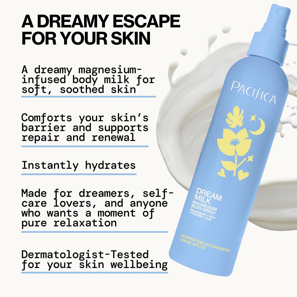 Pacifica Dream Milk Magnesium Spray für Schlaf & Entspannung – Natürlicher Magnesium-Körperspray mit Lavendel, Kamille & ätherischen Ölen, vegan & tierversuchsfrei, Clean Beauty, 240 ml