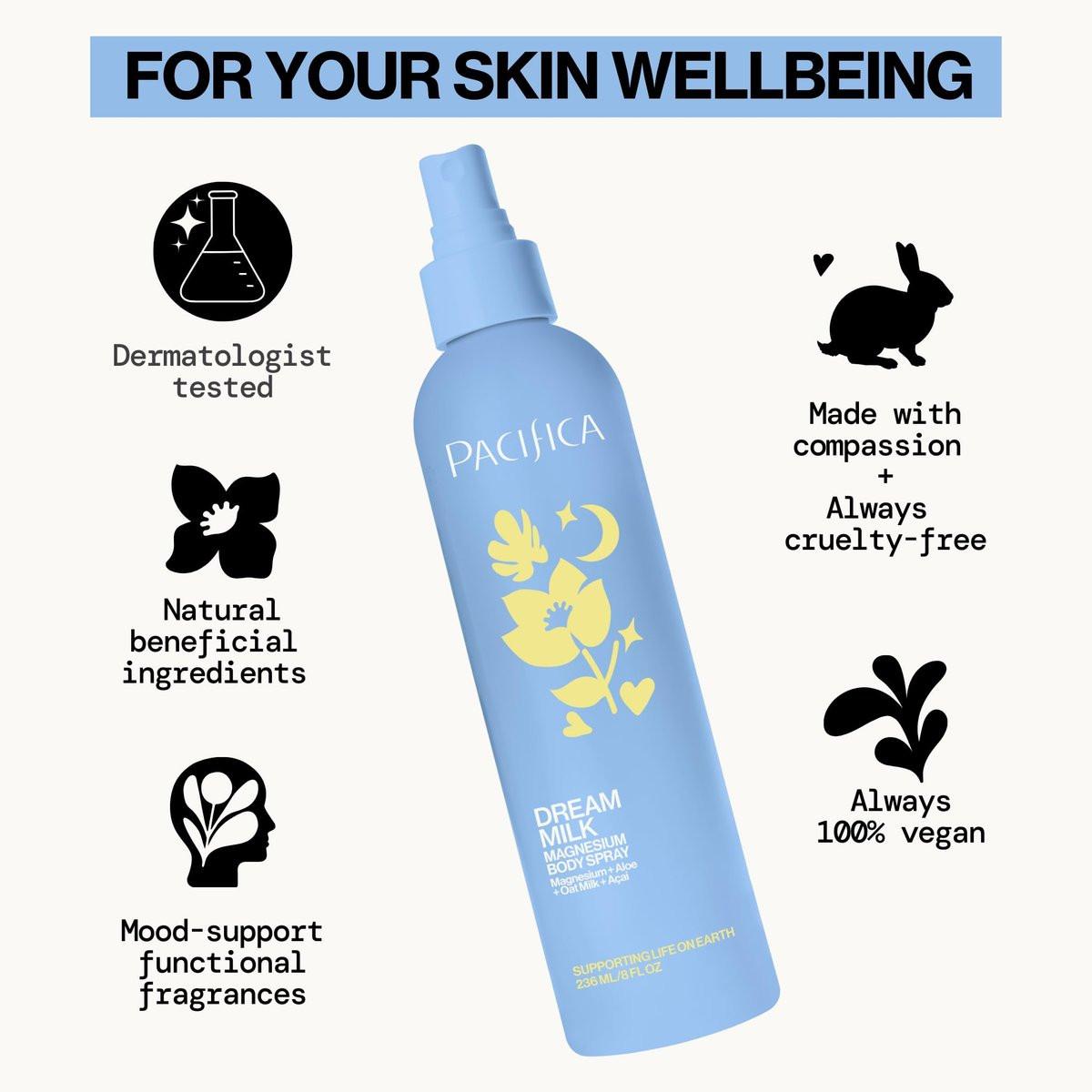 Pacifica Dream Milk Magnesium Spray für Schlaf & Entspannung – Natürlicher Magnesium-Körperspray mit Lavendel, Kamille & ätherischen Ölen, vegan & tierversuchsfrei, Clean Beauty, 240 ml