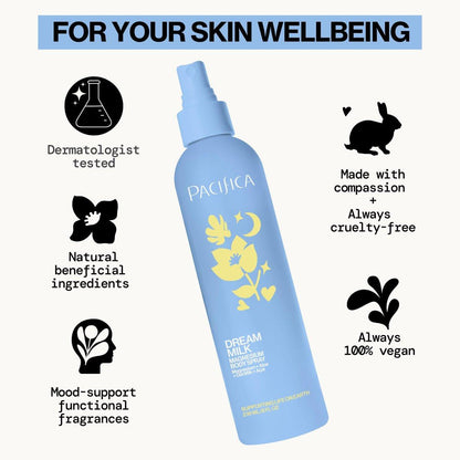 Pacifica Dream Milk Magnesium Spray für Schlaf & Entspannung – Natürlicher Magnesium-Körperspray mit Lavendel, Kamille & ätherischen Ölen, vegan & tierversuchsfrei, Clean Beauty, 240 ml