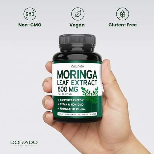 Bio Moringa Kapseln (180 Stück) Reines Bio Moringa Blattpulver - Energie, Haut, Darmunterstützung - Vegan, Laborgeprüft & Nicht-GVO - Hergestellt in den USA