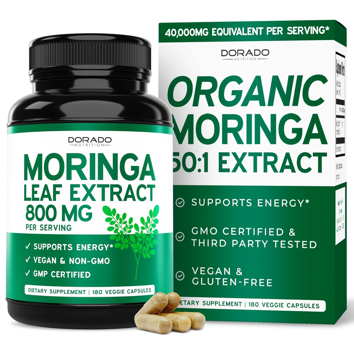 Bio Moringa Kapseln (180 Stück) Reines Bio Moringa Blattpulver - Energie, Haut, Darmunterstützung - Vegan, Laborgeprüft & Nicht-GVO - Hergestellt in den USA