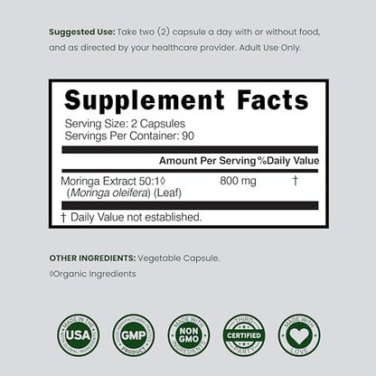 Bio Moringa Kapseln (180 Stück) Reines Bio Moringa Blattpulver - Energie, Haut, Darmunterstützung - Vegan, Laborgeprüft & Nicht-GVO - Hergestellt in den USA