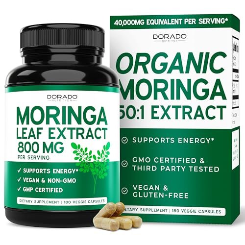 Bio Moringa Kapseln (180 Stück) Reines Bio Moringa Blattpulver - Energie, Haut, Darmunterstützung - Vegan, Laborgeprüft & Nicht-GVO - Hergestellt in den USA