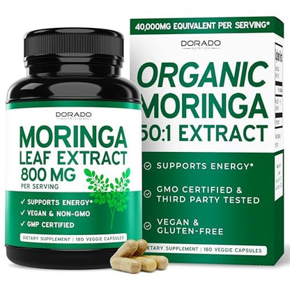 Bio Moringa Kapseln (180 Stück) Reines Bio Moringa Blattpulver - Energie, Haut, Darmunterstützung - Vegan, Laborgeprüft & Nicht-GVO - Hergestellt in den USA