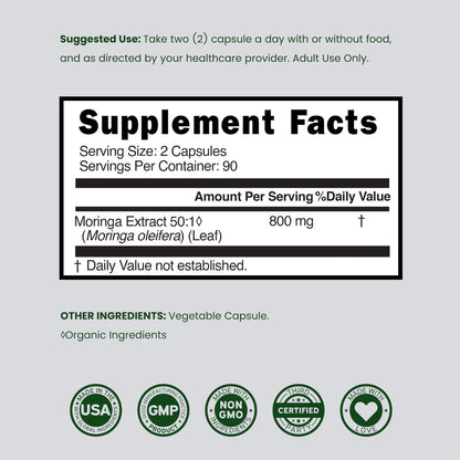 Bio Moringa Kapseln (180 Stück) Reines Bio Moringa Blattpulver - Energie, Haut, Darmunterstützung - Vegan, Laborgeprüft & Nicht-GVO - Hergestellt in den USA