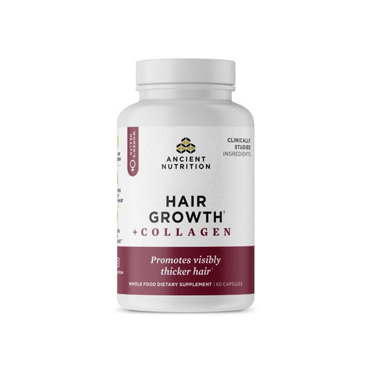 Ancient Nutrition Haarwachstum + Kollagen Nahrungsergänzungsmittel, Hydrolysierte Kollagenpeptide, klinisch untersuchte Superfoods für Haarwachstumsunterstützung, dickeres, volleres Haar und strahlende Haut, 60 Kapseln