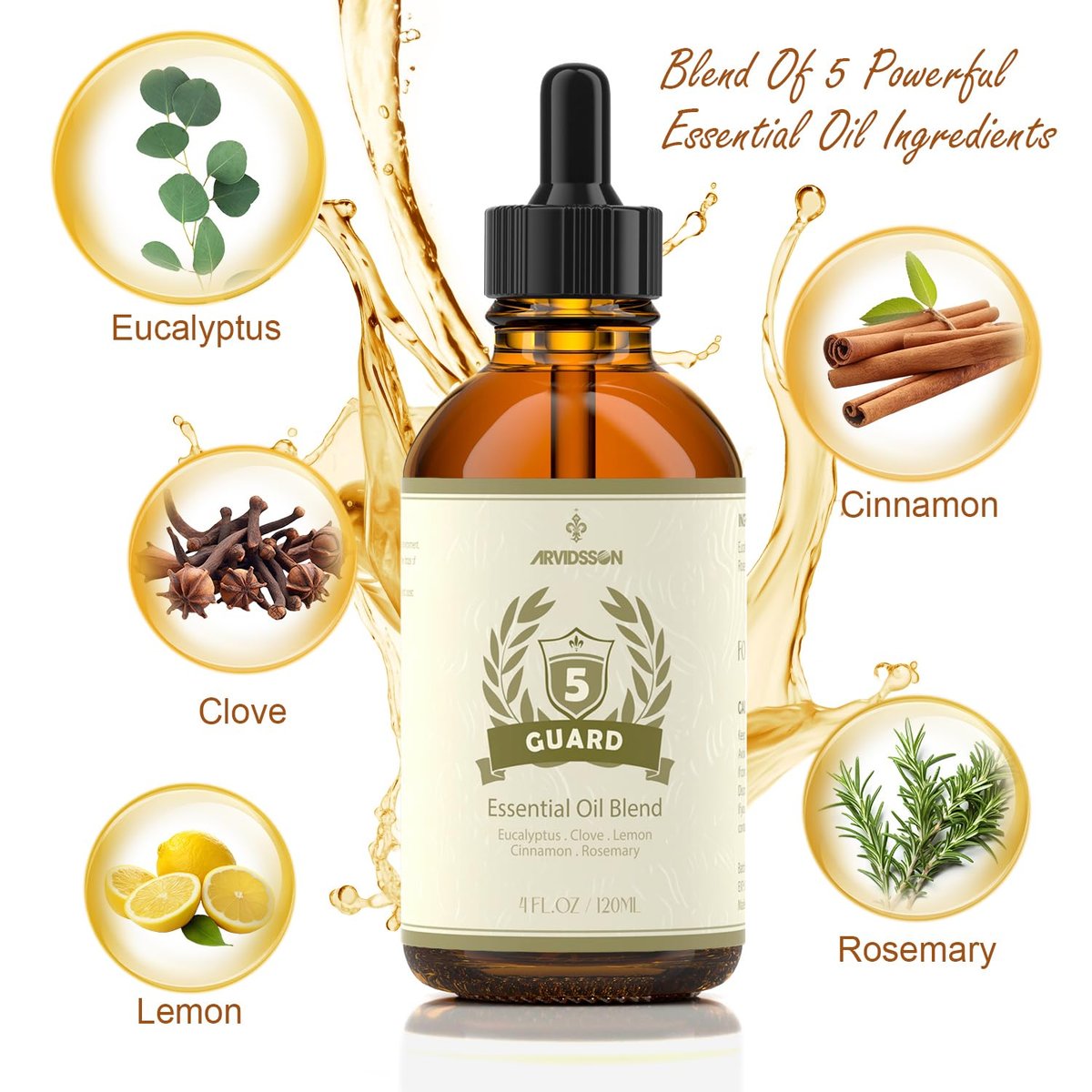 ARVIDSSON Five Guard Essential Oil Blend 4 Fl. Oz (120 ml) – Schutzmischung mit Nelke, Eukalyptus, Zitrone, Zimt und Rosmarin für ein erfrischendes Zuhause