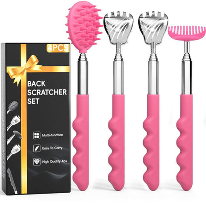 Gumry Vielseitiger Rückenkratzer – Tragbarer Teleskop-Ausziehbarer Rückenmassager mit verschiedenen Köpfen und Gummigriffen, Geschenk für Frauen, Mutter, Sie, Männer – Rosa