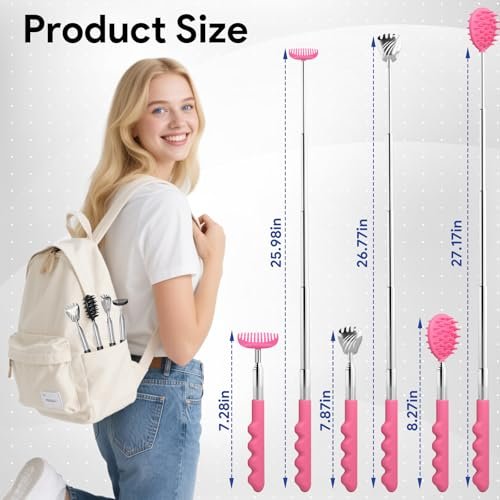 Gumry Vielseitiger Rückenkratzer – Tragbarer Teleskop-Ausziehbarer Rückenmassager mit verschiedenen Köpfen und Gummigriffen, Geschenk für Frauen, Mutter, Sie, Männer – Rosa
