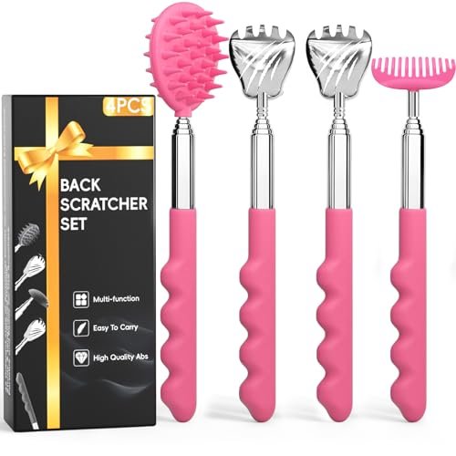 Gumry Vielseitiger Rückenkratzer – Tragbarer Teleskop-Ausziehbarer Rückenmassager mit verschiedenen Köpfen und Gummigriffen, Geschenk für Frauen, Mutter, Sie, Männer – Rosa