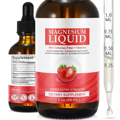 Magnesiumglycinat Flüssig – Hochabsorbierendes Magnesium Liquid mit Vitamin B, C und D für Knochen, Entspannung, Schlaf, Herz und Muskeln – Erdbeergeschmack (59 ml)