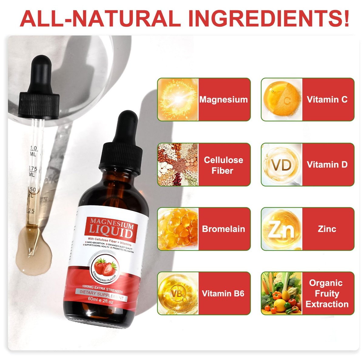 Magnesiumglycinat Flüssig – Hochabsorbierendes Magnesium Liquid mit Vitamin B, C und D für Knochen, Entspannung, Schlaf, Herz und Muskeln – Erdbeergeschmack (59 ml)