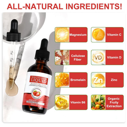 Magnesiumglycinat Flüssig – Hochabsorbierendes Magnesium Liquid mit Vitamin B, C und D für Knochen, Entspannung, Schlaf, Herz und Muskeln – Erdbeergeschmack (59 ml)