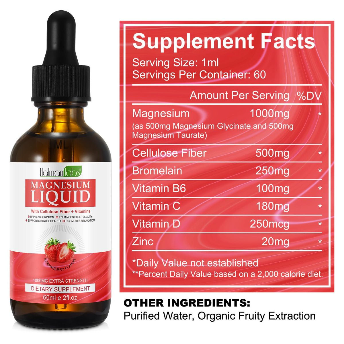 Magnesiumglycinat Flüssig – Hochabsorbierendes Magnesium Liquid mit Vitamin B, C und D für Knochen, Entspannung, Schlaf, Herz und Muskeln – Erdbeergeschmack (59 ml)