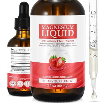 Magnesiumglycinat Flüssig – Hochabsorbierendes Magnesium Liquid mit Vitamin B, C und D für Knochen, Entspannung, Schlaf, Herz und Muskeln – Erdbeergeschmack (59 ml)
