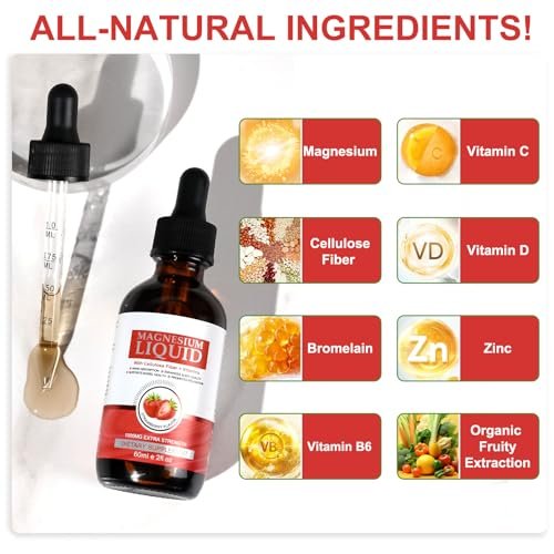 Magnesiumglycinat Flüssig – Hochabsorbierendes Magnesium Liquid mit Vitamin B, C und D für Knochen, Entspannung, Schlaf, Herz und Muskeln – Erdbeergeschmack (59 ml)