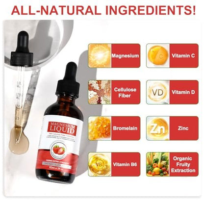 Magnesiumglycinat Flüssig – Hochabsorbierendes Magnesium Liquid mit Vitamin B, C und D für Knochen, Entspannung, Schlaf, Herz und Muskeln – Erdbeergeschmack (59 ml)