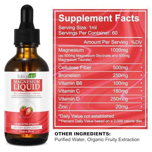 Magnesiumglycinat Flüssig – Hochabsorbierendes Magnesium Liquid mit Vitamin B, C und D für Knochen, Entspannung, Schlaf, Herz und Muskeln – Erdbeergeschmack (59 ml)