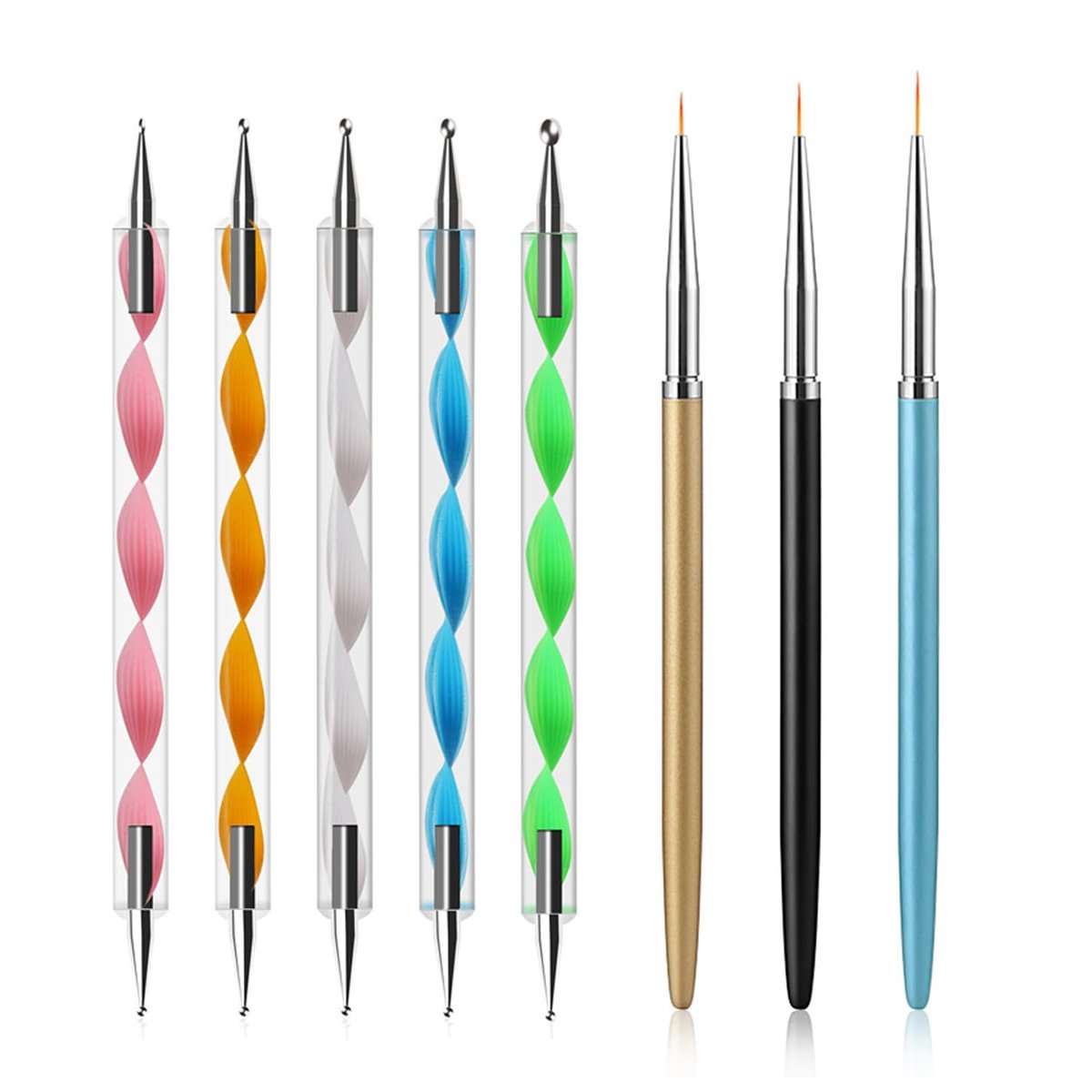 Nail Dotting Tools Set – 5-teilige doppelendige Dotting-Stifte & 3-teilige Nagelkunstpinsel für DIY Nagelkunst, Malen & Design