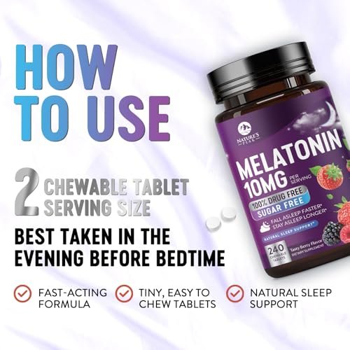 Nature's Peak Melatonin Schlafunterstützung - 10mg pro Portion, schnell lösliche Tabletten mit Erdbeergeschmack, 240 Stück (60 Tage Vorrat)