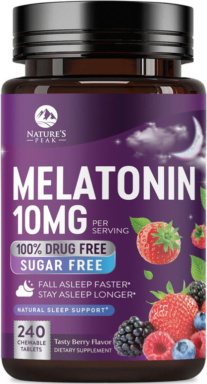 Nature's Peak Melatonin Schlafunterstützung - 10mg pro Portion, schnell lösliche Tabletten mit Erdbeergeschmack, 240 Stück (60 Tage Vorrat)