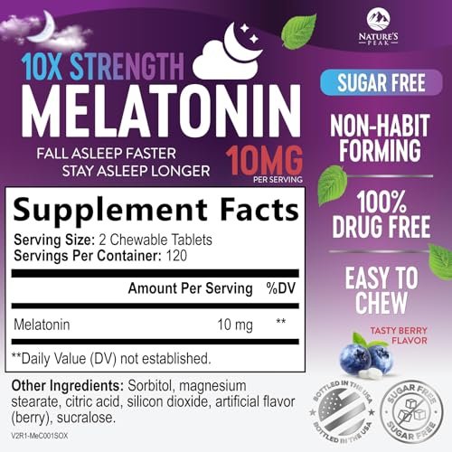Nature's Peak Melatonin Schlafunterstützung - 10mg pro Portion, schnell lösliche Tabletten mit Erdbeergeschmack, 240 Stück (60 Tage Vorrat)