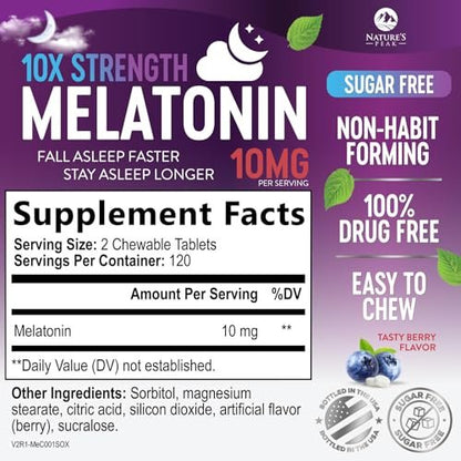 Nature's Peak Melatonin Schlafunterstützung - 10mg pro Portion, schnell lösliche Tabletten mit Erdbeergeschmack, 240 Stück (60 Tage Vorrat)