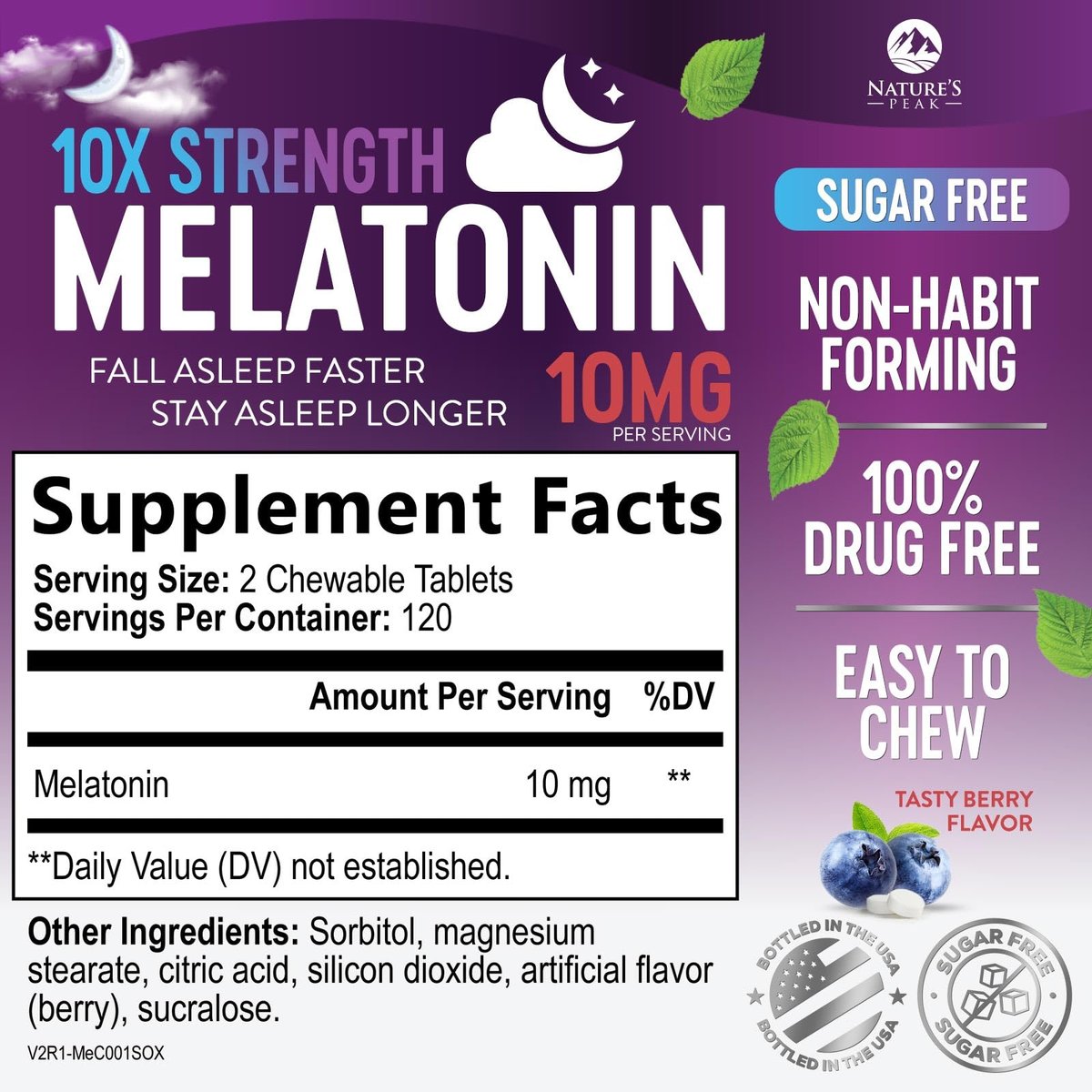 Nature's Peak Melatonin Schlafunterstützung - 10mg pro Portion, schnell lösliche Tabletten mit Erdbeergeschmack, 240 Stück (60 Tage Vorrat)