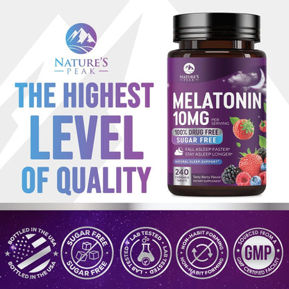 Nature's Peak Melatonin Schlafunterstützung - 10mg pro Portion, schnell lösliche Tabletten mit Erdbeergeschmack, 240 Stück (60 Tage Vorrat)