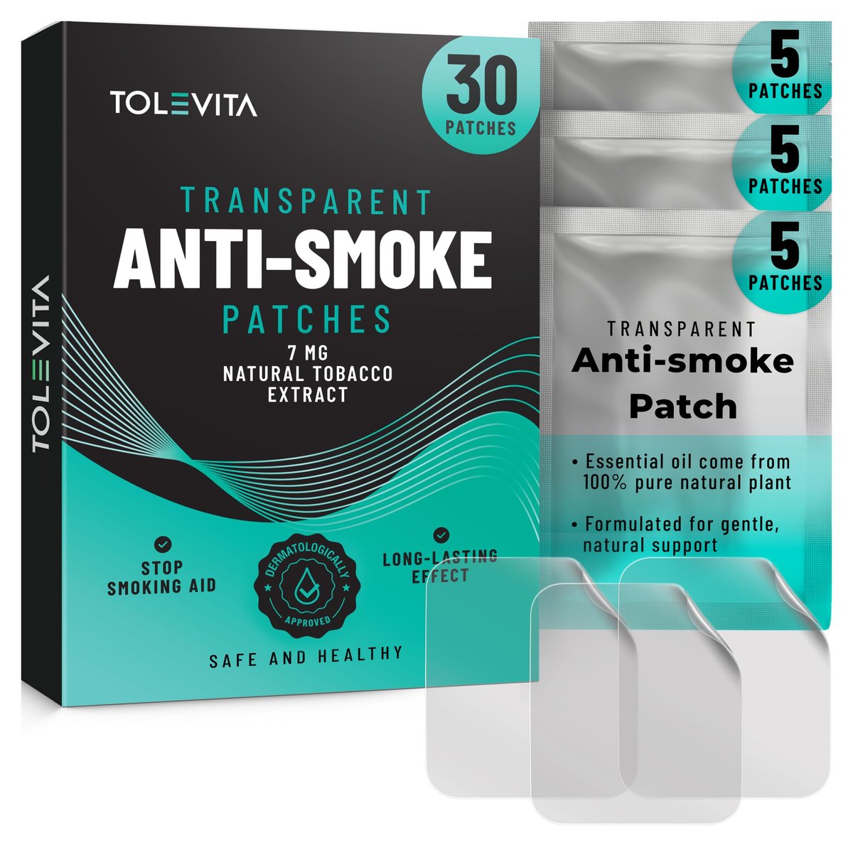 TOLEVITA Anti-Rauch Kräuterpflaster Transparent 7 mg | Rauchstopp-Pflaster zur Reduzierung von Heißhunger | Pflanzliche Raucherentwöhnung für einen gesünderen Lebensstil - 30 Pflaster