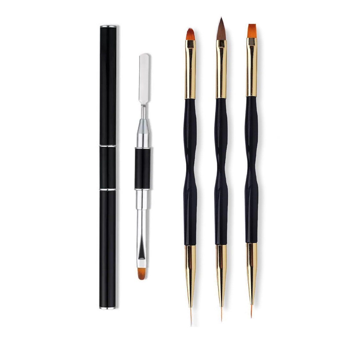 FULINJOY 4-in-1 Nail Art Set – Doppelendiger Polygel-Pinsel, 3 Nagelzeichnen-Stifte, Doppelend-Nagelkunst-Pinsel-Set für Acryl, Runde & Flache Mal- und Liner-Pinsel