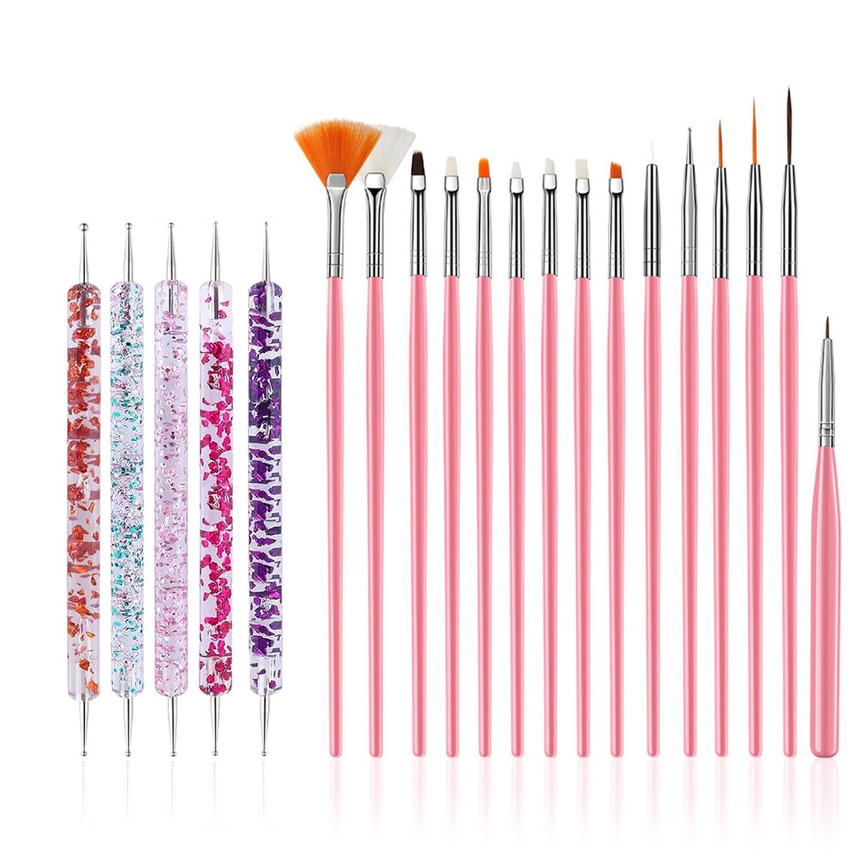 FULINJOY 20-teiliges Nageldesign-Set: 15 Nagelkunstpinsel + 5 doppelendige Dotting-Werkzeuge – Professionelles Nail-Art-Zubehör