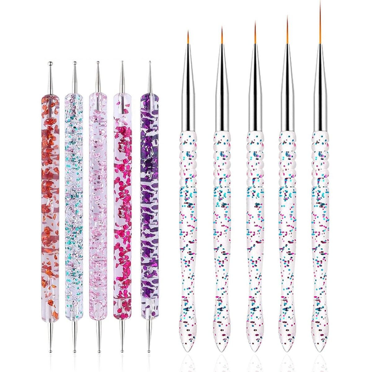 FULINJOY Nagel-Dotting-Werkzeuge 10-teiliges Set – 5 doppelendige Dotting-Tools und 5 Nagelkunst-Liner-Pinsel
