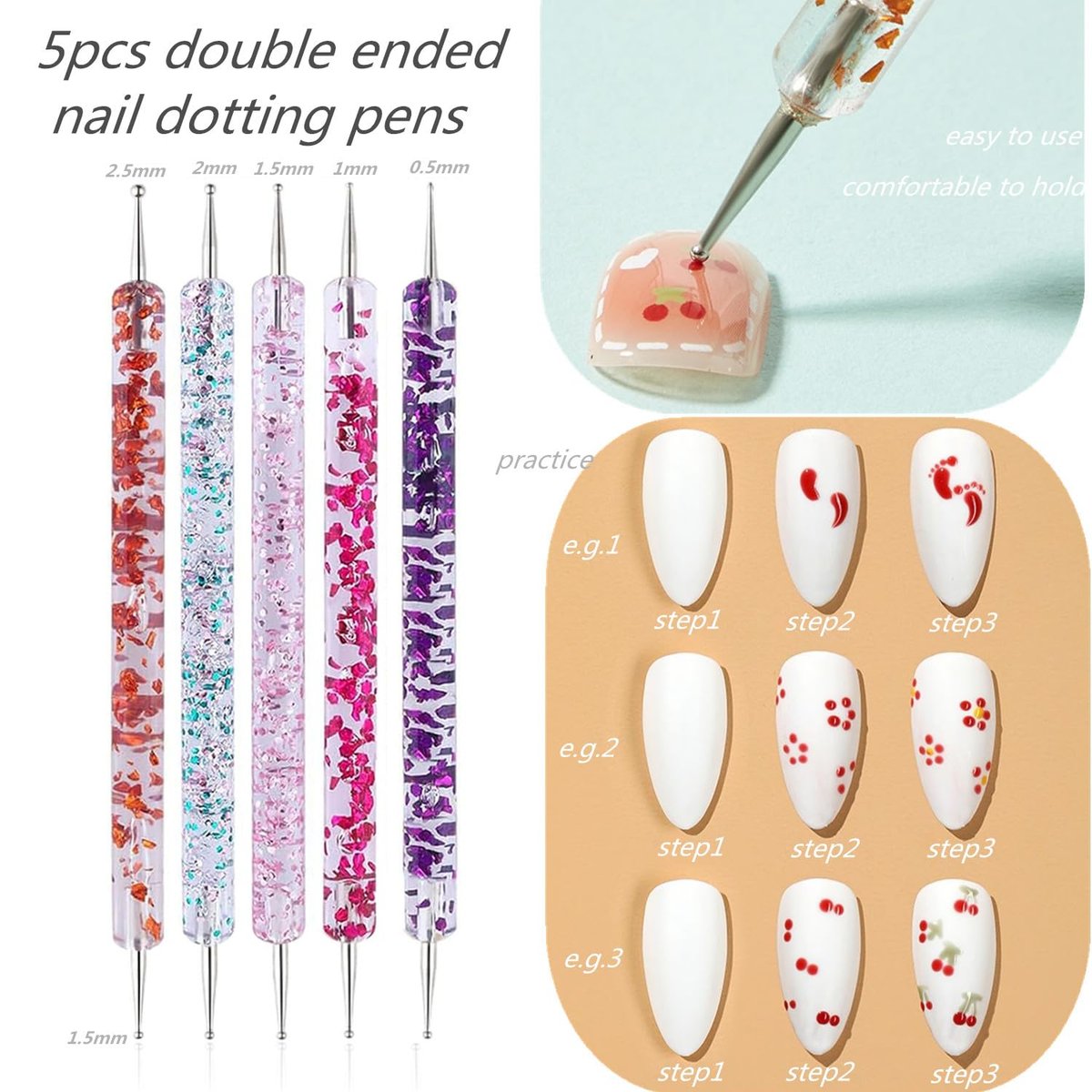 FULINJOY Nagel-Dotting-Werkzeuge 10-teiliges Set – 5 doppelendige Dotting-Tools und 5 Nagelkunst-Liner-Pinsel