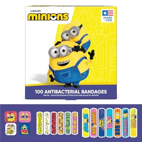 Minions Kinderpflaster, 3 verschiedene Größen, 100 Stück | Haften wie Aufkleber, flexible Wundpflaster für kleine Schnitte, Schrammen und Verbrennungen. Tolles Geschenk für Kinder.