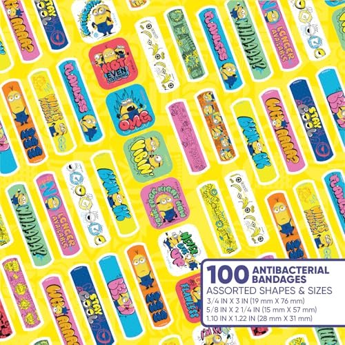 Minions Kinderpflaster, 3 verschiedene Größen, 100 Stück | Haften wie Aufkleber, flexible Wundpflaster für kleine Schnitte, Schrammen und Verbrennungen. Tolles Geschenk für Kinder.