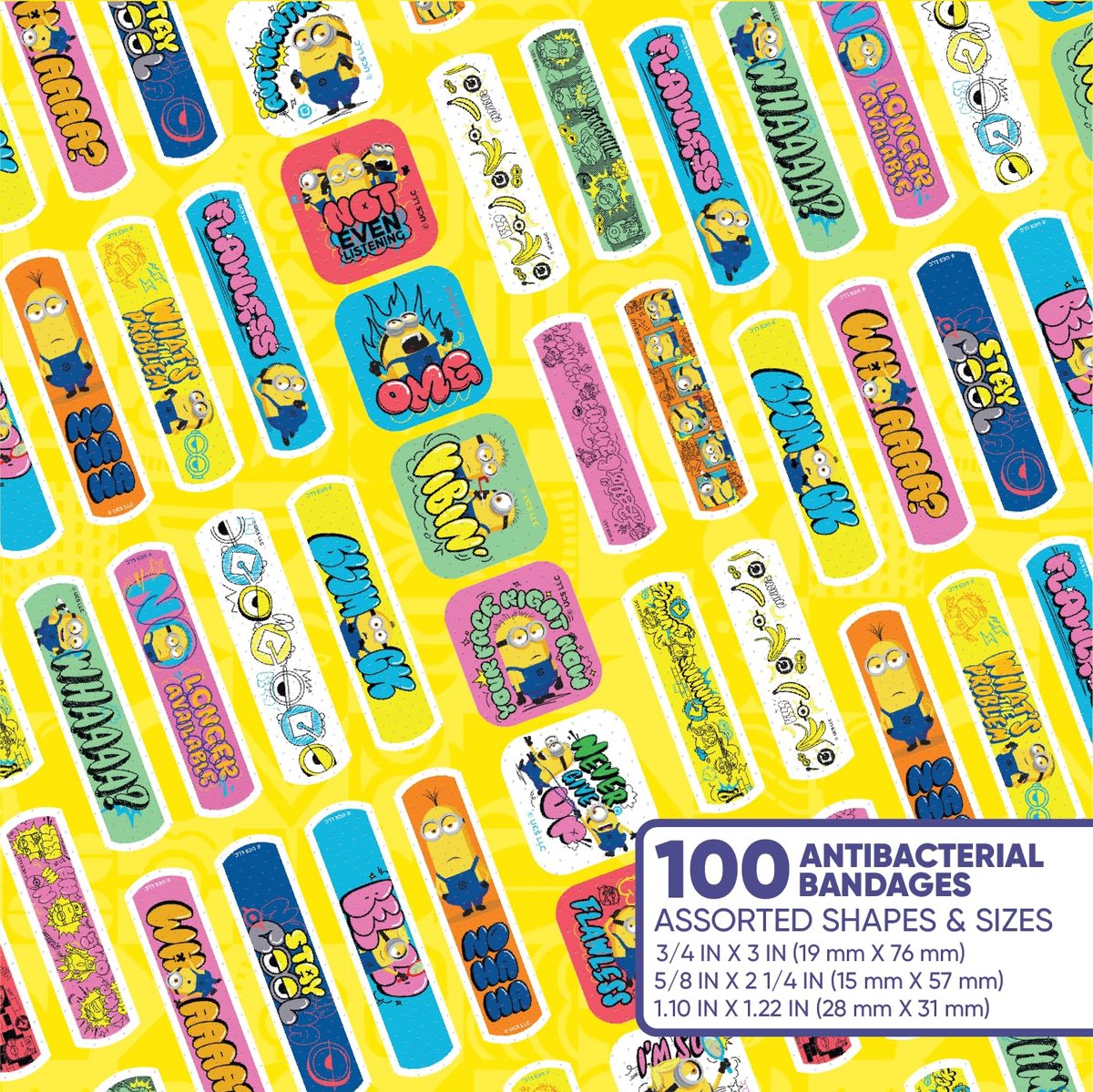 Minions Kinderpflaster, 3 verschiedene Größen, 100 Stück | Haften wie Aufkleber, flexible Wundpflaster für kleine Schnitte, Schrammen und Verbrennungen. Tolles Geschenk für Kinder.