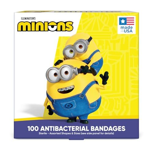 Minions Kinderpflaster, 3 verschiedene Größen, 100 Stück | Haften wie Aufkleber, flexible Wundpflaster für kleine Schnitte, Schrammen und Verbrennungen. Tolles Geschenk für Kinder.