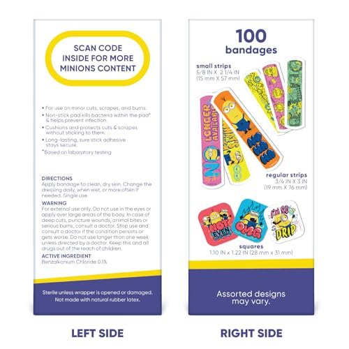 Minions Kinderpflaster, 3 verschiedene Größen, 100 Stück | Haften wie Aufkleber, flexible Wundpflaster für kleine Schnitte, Schrammen und Verbrennungen. Tolles Geschenk für Kinder.