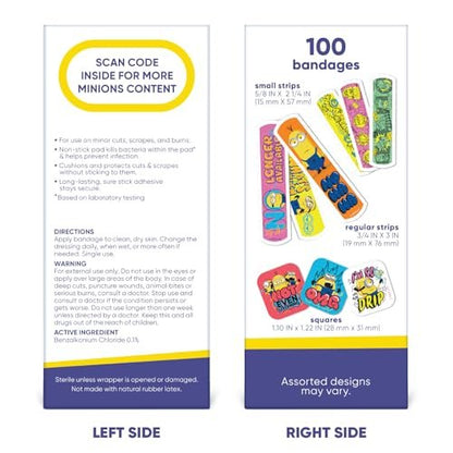 Minions Kinderpflaster, 3 verschiedene Größen, 100 Stück | Haften wie Aufkleber, flexible Wundpflaster für kleine Schnitte, Schrammen und Verbrennungen. Tolles Geschenk für Kinder.