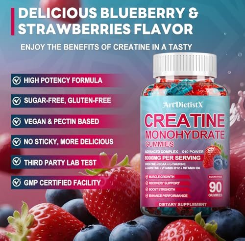 Creatin-Monohydrat 5000mg Gummis mit BCAA, L-Carnitin, Taurin & Vitamin B12 – Prä-Workout für Muskelaufbau, Kraft & Energie, Multigeschmack, 90 Stück für Männer & Frauen